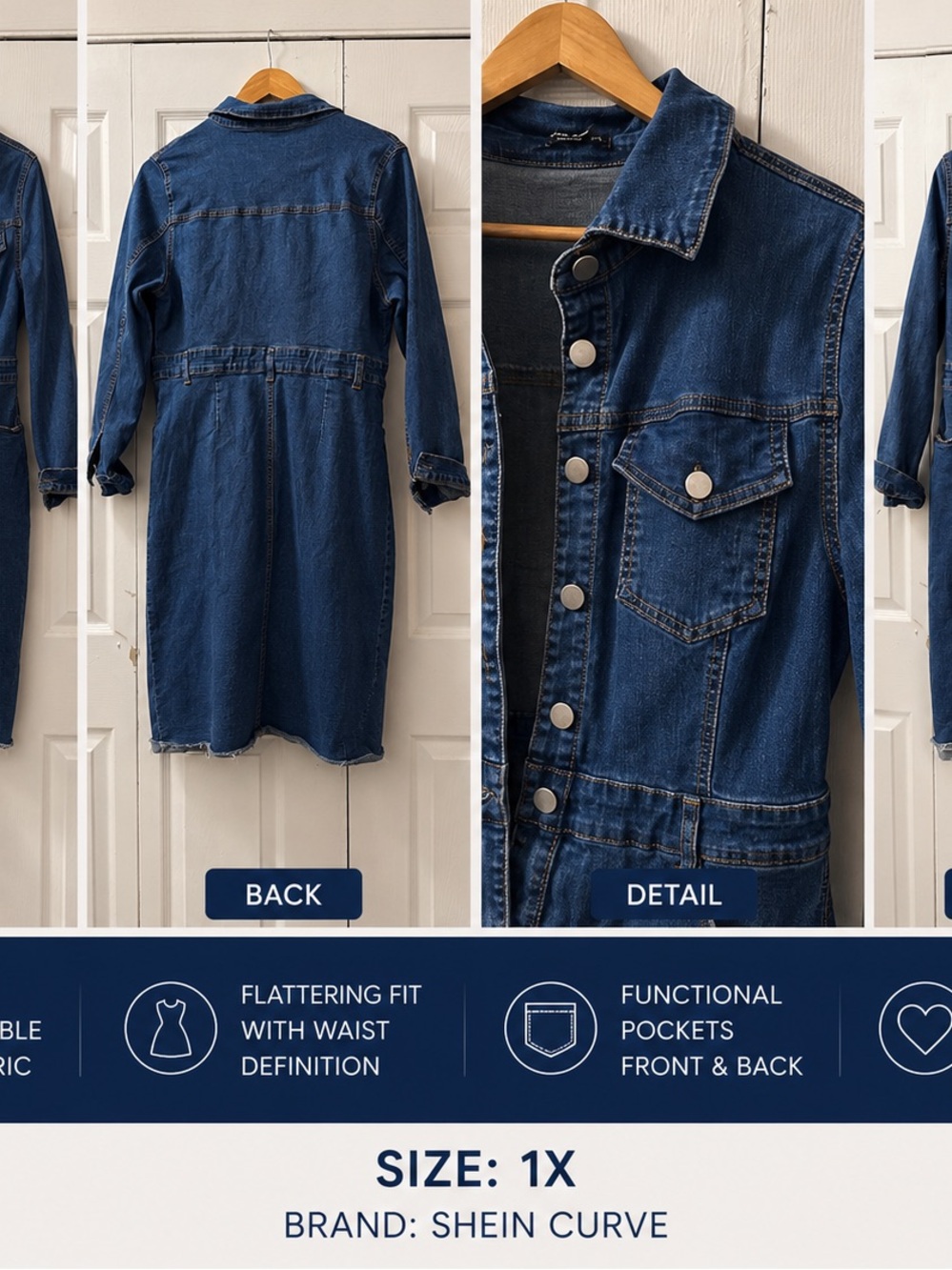 SHEIN Dark Blue Long Sleeve Denim Dress